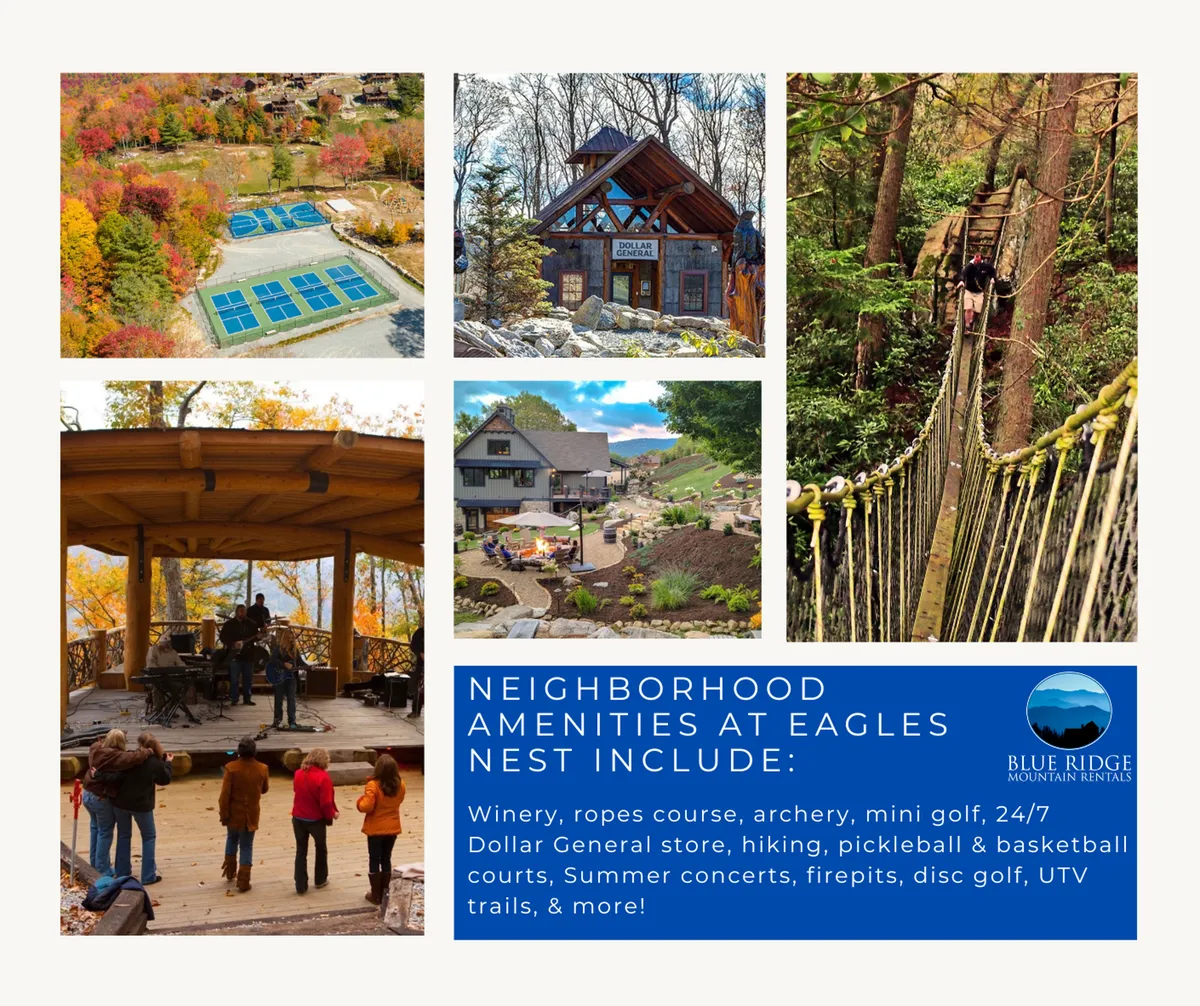 A lively exterior scene showcasing the community's activity hub, featuring a ropes course, archery range, mini golf course, an outdoor concert stage, and gathering spaces. Families are visible participating in various activities like hiking, mini golf, and enjoying the firepit, all set against a backdrop of natural mountain beauty.